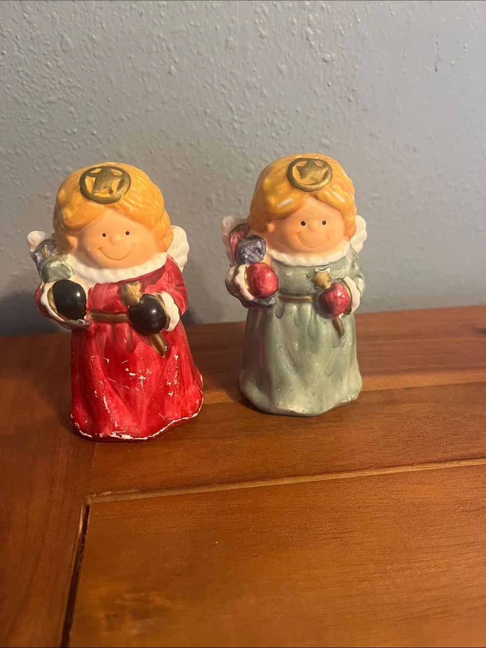Set of Two Ceramic Angel Salt & Pepper Shakers - Red & Pale Green